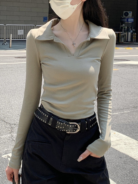 Casual and Stylish Slim-Fit Polo Collar Base Shirt for Women, Early Spring, Petite, Slimming, Versatile, Short, Elegant Top