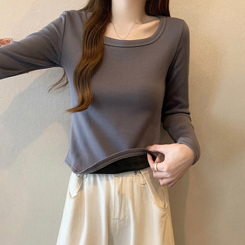 Fleece-Lined, Thickened, Warm Long-Sleeve T-Shirt, Base Layer for Women, 2024 Autumn and Winter, Irregular Hem, Gray, High-End Feel Top