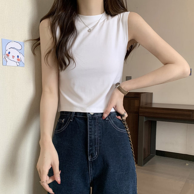 Sweet and Cool Spicy Girl Round Neck Black Vest Women's Short Summer New Korean Style Slim High-Waisted Sleeveless T-Shirt Women ins