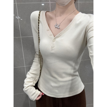 Korean Style Gentle and Slim-Fitting Long-Sleeved T-Shirt for Women, Spring Hot Girl Pure Desire V-Neck Button Design Derong Top