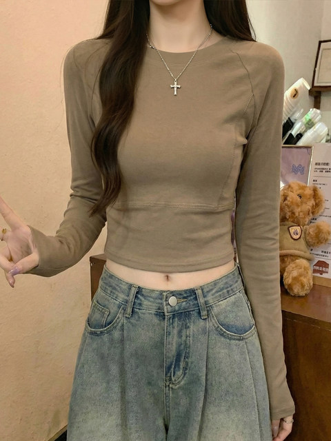 American Retro Hot Girl Style Slimming Long-Sleeve T-Shirt for Women, Spring Design, Niche, Cropped, Slim-Fit, Versatile Short Top