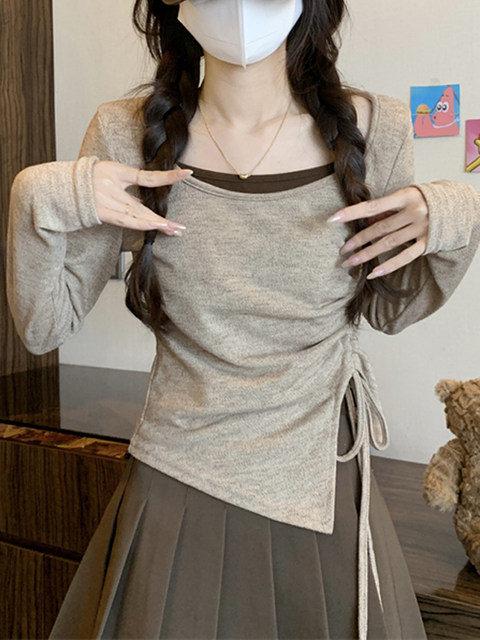 French-Style Sweet Slim-Fit Long-Sleeve T-Shirt for Women 2025 Autumn Color-Blocking Design Fake Two-Piece Drawstring Slit Top