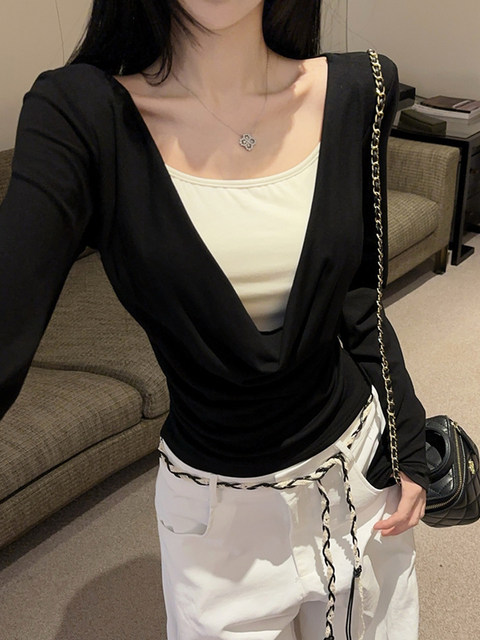 Trendy High-Elastic Slim-Fit Knit Top with Chest Pads for Women, Autumn and Winter Design with Beaded Faux Two-Piece Style and Draped Collar