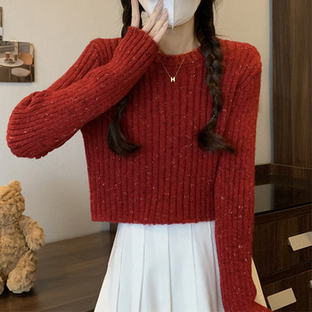 Fashionable and Sophisticated Unique Sweater for Women in Autumn and Winter with Fine Shimmer Design, Round Neck, Stylish Short Top