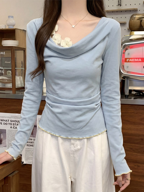 Korean-Style Chic 3D Floral Drape Collar Long-Sleeve T-Shirt for Women, Summer Fashion, Faux Two-Piece, Gentle and Slim-Fitting Top