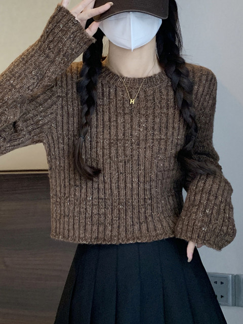 Petite and Stylish Fine-Sparkle Round-Neck Knit Sweater for Women, Autumn and Winter, Casual and Versatile Pullover, Short and Unique Sweater