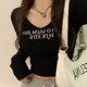 Pure Desire Style V-Neck Collarbone-Exposing Long-Sleeve Base Shirt for Women 2024 Autumn Hot Girl Letter Print Slim-Fit Short Top