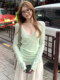 2025 Spring/Summer New Green Fresh and Spicy V-Neck T-Shirt for Women, Pure and Alluring Style, Layered with Lace Camisole