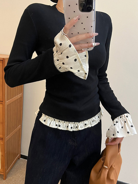 Color-Blocked Faux Two-Piece Polka Dot Lace Bell-Sleeve T-Shirt for Women, Spring Long-Sleeve Slim-Fit High-End Niche Unique Top