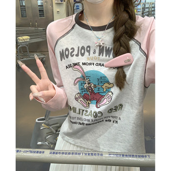 Round Neck Loose Chic Cartoon Print T-Shirt for Women, Spring Design with Contrasting Color Raglan Sleeves, Unique Patchwork Top Ins
