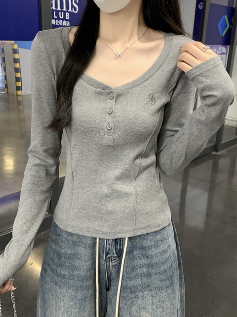 Korean Style Trendy Simple Slim-Fit Inner T-Shirt for Women, New Autumn V-Neck Regular Shoulder High-End Button Fishbone Base Shirt