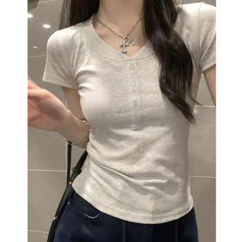 Solid Color V-Neck Simple Button Versatile Slim-Fit Short-Sleeve T-Shirt for Women, New Summer Hong Kong Style Hot Girl Short Top