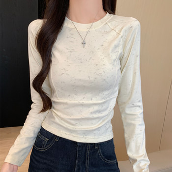 Korean Style Hot Girl Long-Sleeved Base Shirt with Tie-Dye Design T-Shirt for Women 2025 Early Autumn Fishbone Splicing High-End Short Top