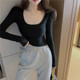 Trendy U-Neck Ribbed Long-Sleeve T-Shirt for Women, New Autumn and Winter Korean Style Slim-Fit Short Base Shirt for Layering