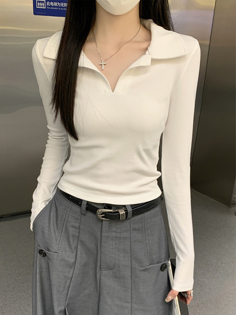 Korean Style Chic Slim-Fit Polo Collar Long-Sleeve T-Shirt for Women, New Autumn Solid Color Versatile Trendy Top This Year