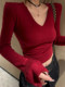 2025 Early Spring Elegant V-Neck Slim Fit Long-Sleeve T-Shirt for Women, Tight-Fitting Ruched Crop Top for Layering