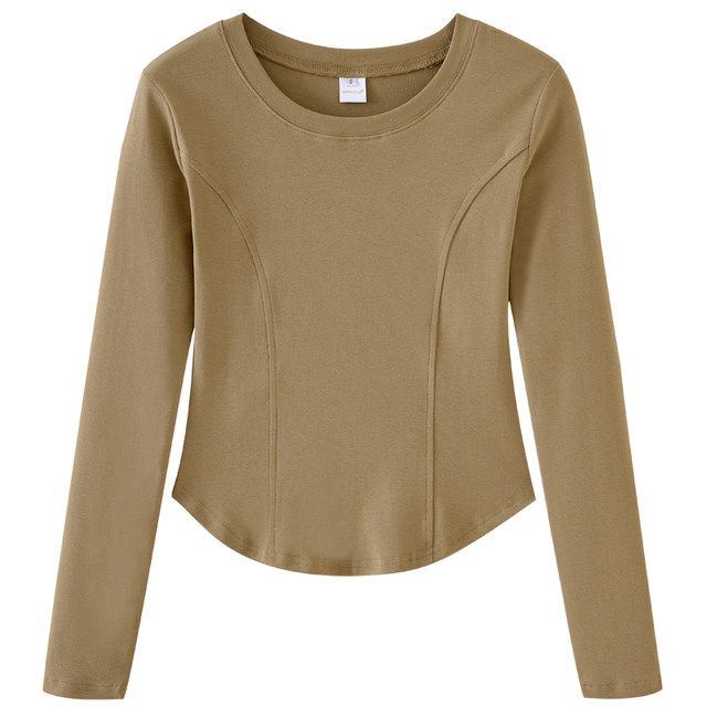 Basic White Round Neck Long-Sleeved T-Shirt for Women, New Autumn and Winter Style, Unique Curved Hem, Slim Fit, Short Top