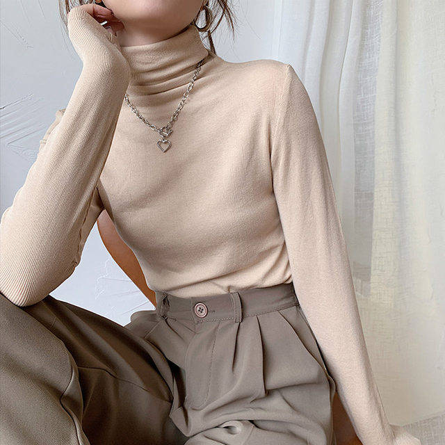 Turtleneck bottoming shirt for women 2023 autumn and winter new Korean version slimming temperament pile collar long-sleeved T-shirt women's top trendy ins