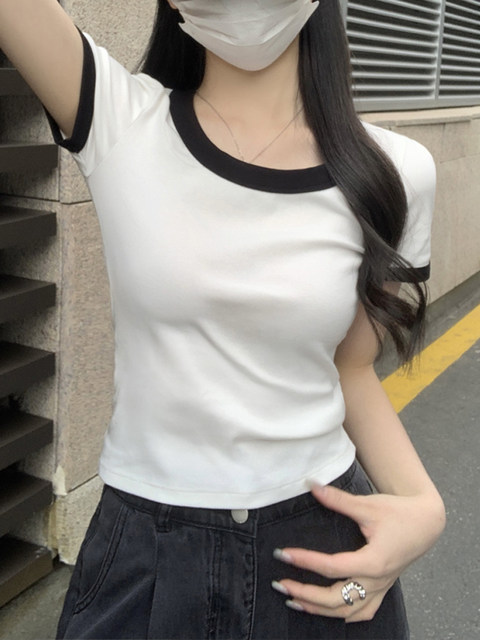 2025 Spring/Summer New French Style Square Neck Short Sleeve T-Shirt for Women, Color Block Versatile Korean Chic Short Top