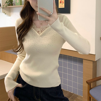 High-End Diamond-Encrusted Lace-Trimmed Knit Sweater for Women, New Autumn and Winter Style, Pure and Alluring, Super Beautiful and Unique Top