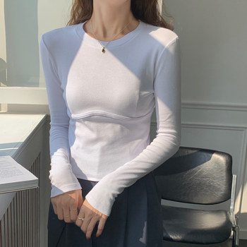 Korean Style White Round Neck Long-Sleeved T-Shirt for Women, Autumn and Winter New Design, Fishbone Slim Fit, Slimming Short Top