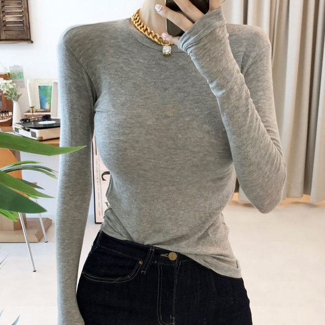 Pure Desire Style Round Neck Solid Color Mask T-Shirt for Women, Long Sleeve, Early Spring New Korean Version, Slim Fit, Stretchy, Figure-Flattering Top ins