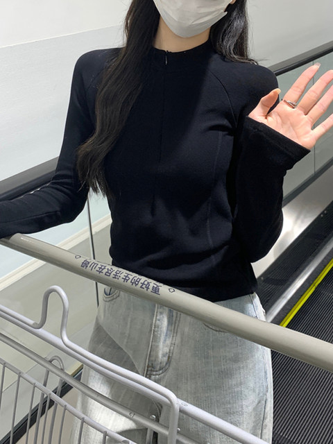 Korean Style Half-High Collar Slim-Fit T-Shirt for Women, New Autumn and Winter Half-Zip Ribbed Raglan Sleeve Pullover with Thermal Lining