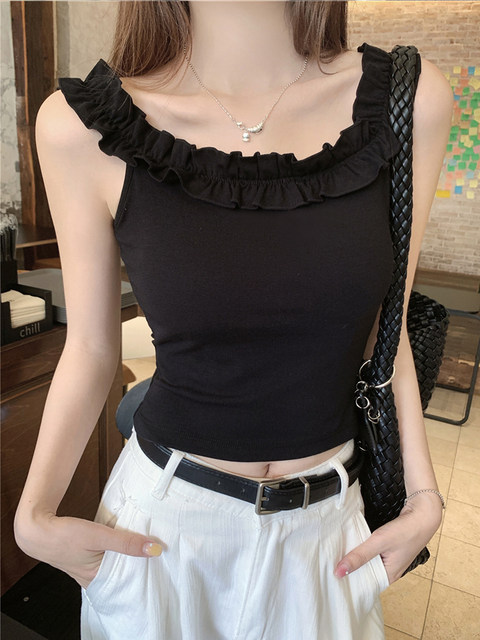 Korean Chic Style Pure and Alluring Off-Shoulder Camisole for Women, Summer 2025, with Chest Pads and Ruffled Edges, Sweet and Spicy Top