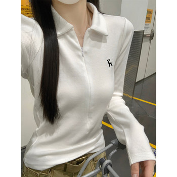 Chic Embroidered Slim-Fit Regular Shoulder T-Shirt for Women with a Stylish White Polo Collar, Inner Layer, Half-Zip Long-Sleeve Top