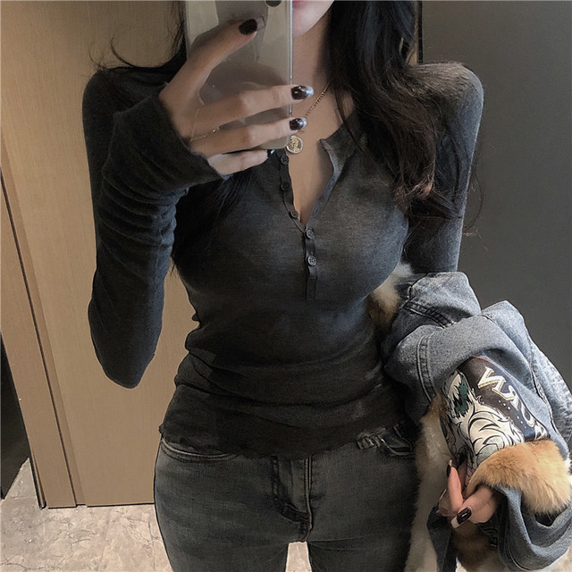 Trendy Ruffled Half-Open Collar Button-Up Mask T-Shirt for Women, Long-Sleeved, New Autumn and Winter Slim-Fit Base Shirt Top