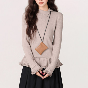 Hong Kong Style Retro Half-High Collar Ruffled Lace T-Shirt for Women, Autumn and Winter, Regular Shoulder, Slim Fit, Super Pretty and Unique Top ins