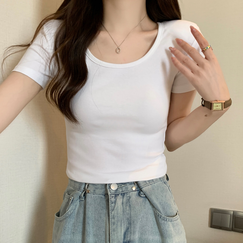 Casual White Round Neck Shoulder-Padded Short-Sleeved T-Shirt for Women, New Summer Style, Sexy Sexy Girl, Slim Fit, Short Top ins