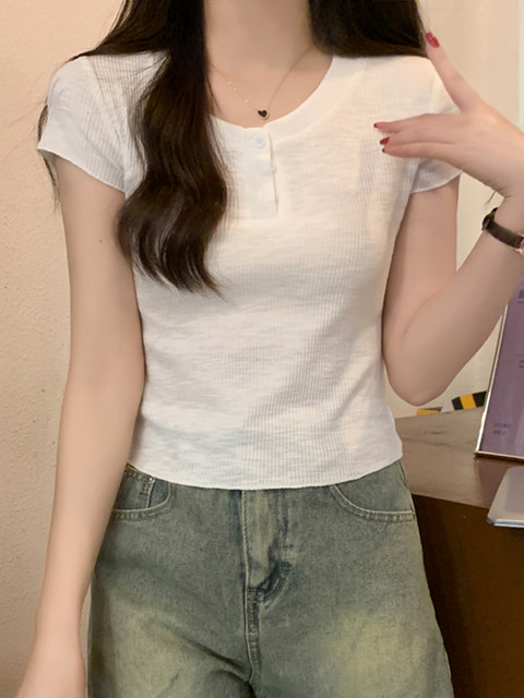 White High-End Half-Open Collar Buttoned Short-Sleeve T-Shirt for Women, New Summer Style, Bamboo Cotton, Slim Fit, Versatile Short Top ins