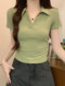 American-Style Spicy Girl V-Neck Short-Sleeve Polo Shirt for Women, Summer Green Fresh Slim-Fit Versatile Collarbone Half-Open Top
