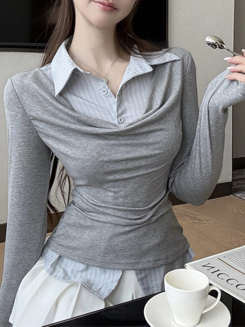 2026 Spring Style Pure Desire Hot Girl Fake Two-Piece Polo Collar T-Shirt for Women with Unique and Distinctive Design, Pleated Patchwork Shirt
