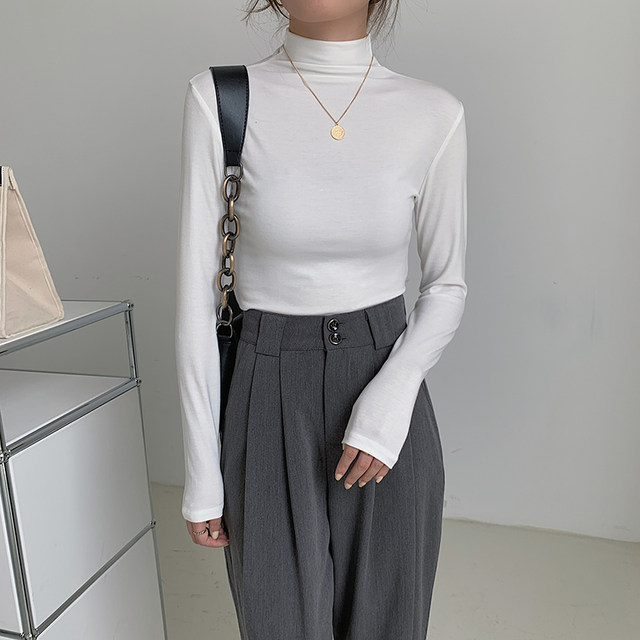 Half-High Collar Korean Style Long-Sleeve T-Shirt for Women, New Autumn and Winter Mid-Neck Solid Color Slim-Fit Basic Top, Base Layer Shirt for Women