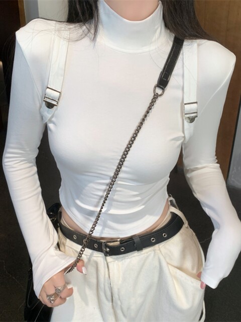 Sexy Black High-End Top for Women 2025 Autumn and Winter, Small High Collar, Strap Design, Exposed Navel, Short Style, Brushed T-Shirt