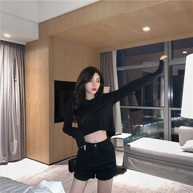 Spring and Summer Short Crop Top with Long Sleeves, Revealing the Belly Button, Thin Modal Sexy High-Waisted Jazz Dance T-Shirt for Women