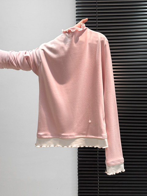 Half-High Collar Faux Two-Piece Ruffled Fleece-Lined Slim-Fit T-Shirt for Women, Autumn and Winter French Style, Unique and High-End, Stunning Top