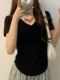 Irregular Black V Neck Short-Sleeved T-Shirt for Women, New Summer Korean Style Slim-Fitting Half-Sleeved Curved Hem Top, Short Style Trendy