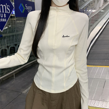 Designed with a Fishbone Waist-Cinching Effect, Slimming Long-Sleeve T-Shirt for Women, 2025 Autumn, Unique Half-High Collar with Zipper, Outerwear Top ins