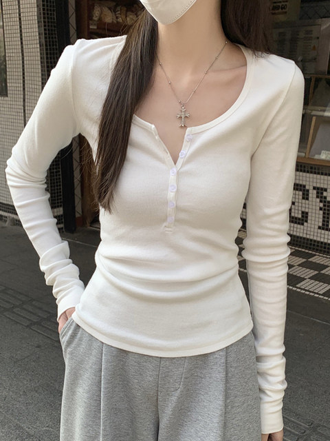 Half-Open Collar, Fashionable and Versatile, Long-Sleeved T-Shirt for Women, 2025 Autumn, Button Design, Inner Wear Pullover Base Shirt