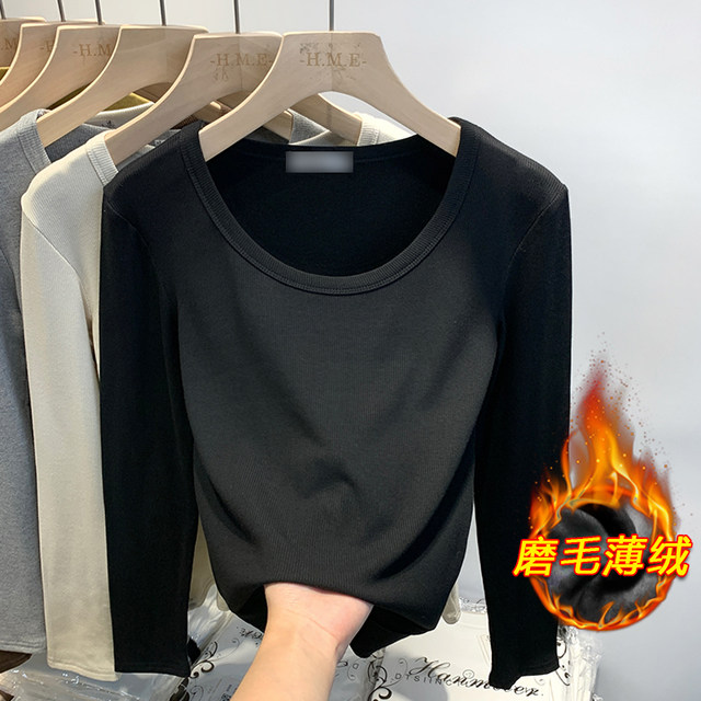 2025 Autumn/Winter High-End Slim Fit Fleece T-Shirt for Women, Warm and Versatile Low Round Neck Base Layer Top