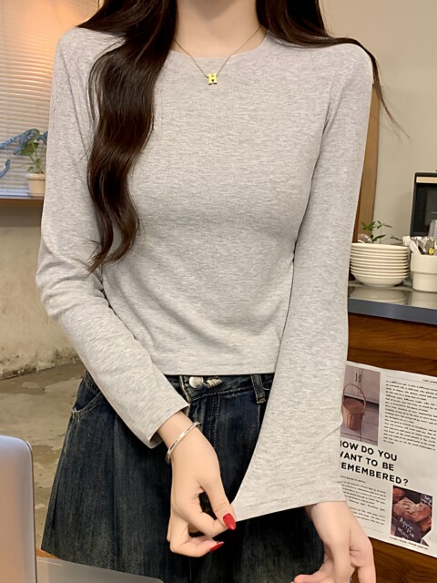 2025 Autumn/Winter Basic Round Neck Slim Fit Slimming Top for Women Korean Style Padded Shoulder High-End Sweet and Spicy Short Top