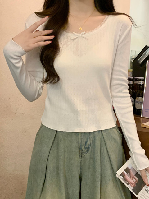 Korean-Style Gentle Lace Patchwork Long-Sleeve T-Shirt for Women, Spring 2026, White Slim-Fit Slimming Base Shirt Top Ins