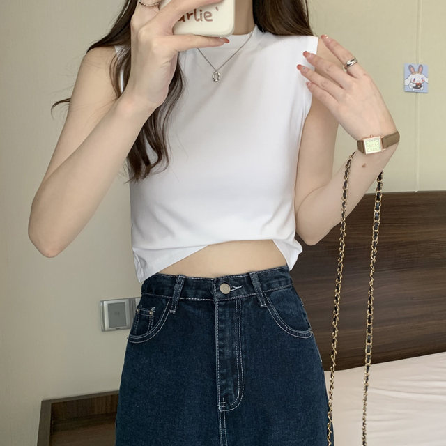 Sweet and Cool Spicy Girl Round Neck Black Vest Women's Short Summer New Korean Style Slim High-Waisted Sleeveless T-Shirt Women ins