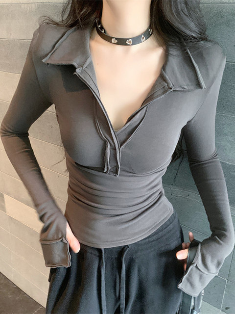 American-Style Spicy Girl High-Waisted Versatile Fleece-Lined T-Shirt for Women, New Autumn Model, Sexy Polo Half-Open Collar, Pleated Stunning Top