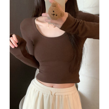 Melard Solid Color Basic Long-Sleeve T-Shirt for Women, Autumn and Winter Brushed Warm T-Shirt, Sexy Crop Top, Slim Fit Short Top