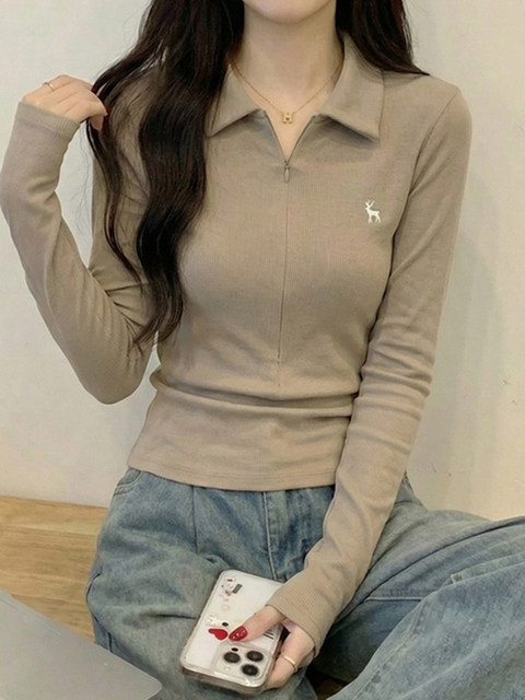 Fashionable Polo Collar Versatile Zipper Embroidered T-Shirt for Women, Spring College Style, Slim Fit, Unique, Beautiful, Age-Reducing Top