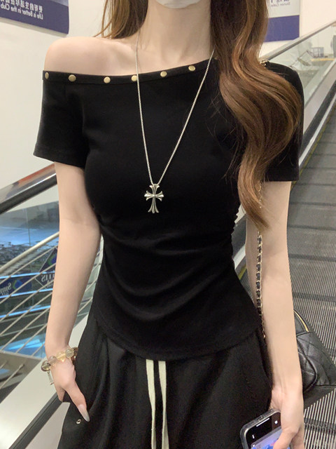 Chic Asymmetrical Waist-Cinching Pleated T-Shirt for Women, Unique and Beautiful Summer Top with Slanted Shoulders, Hot Girl Off-Shoulder Stylish Blouse